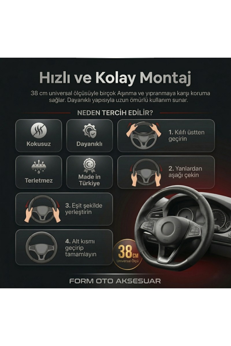 Form Form Oto Geçmeli Direksiyon Kılıfı 38CM %100 Yerli Üretim Noktalı Siyah Düz Kahverengi 1.kalite — 4. ürün görseli