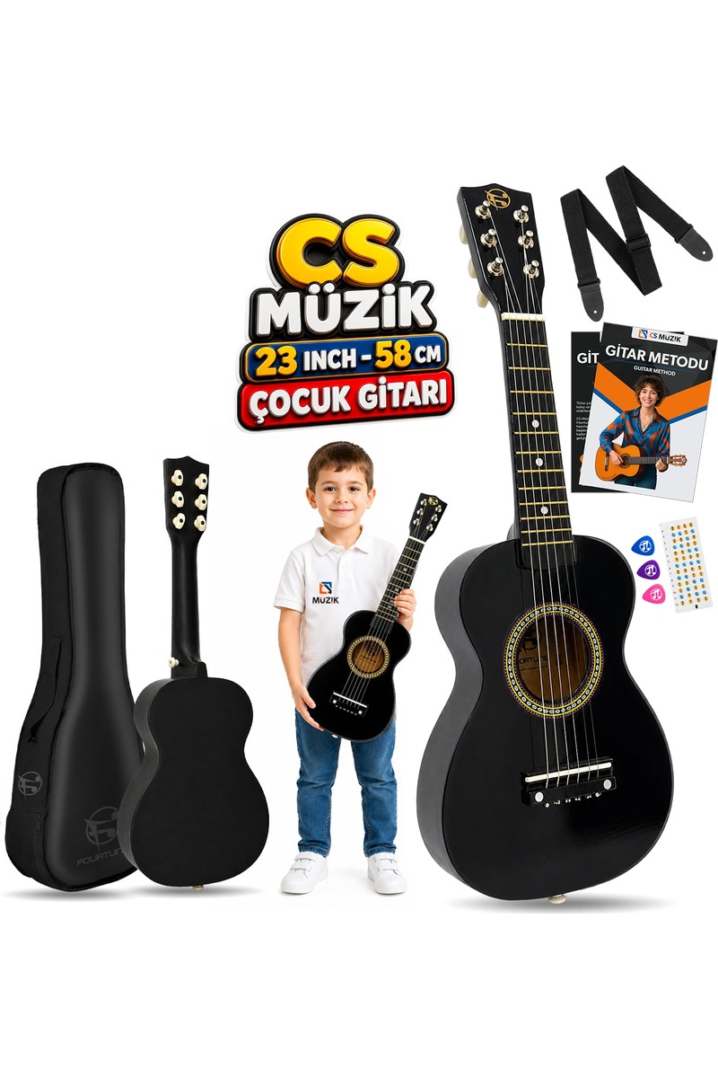 FOURTUNE Loki T-80BK 6 Telli Siyah Çocuk Gitarı Gerçek Ağaç