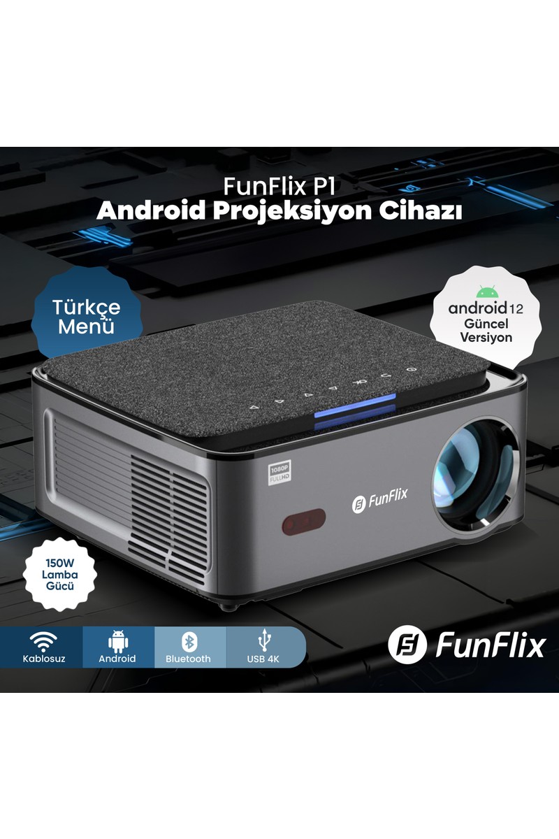 FunFlix P1 Android 4K Destekli LED Full Hd Projeksiyon Cihazı, Bluetooth, 150W Lamba, 300 Inç Görüntü