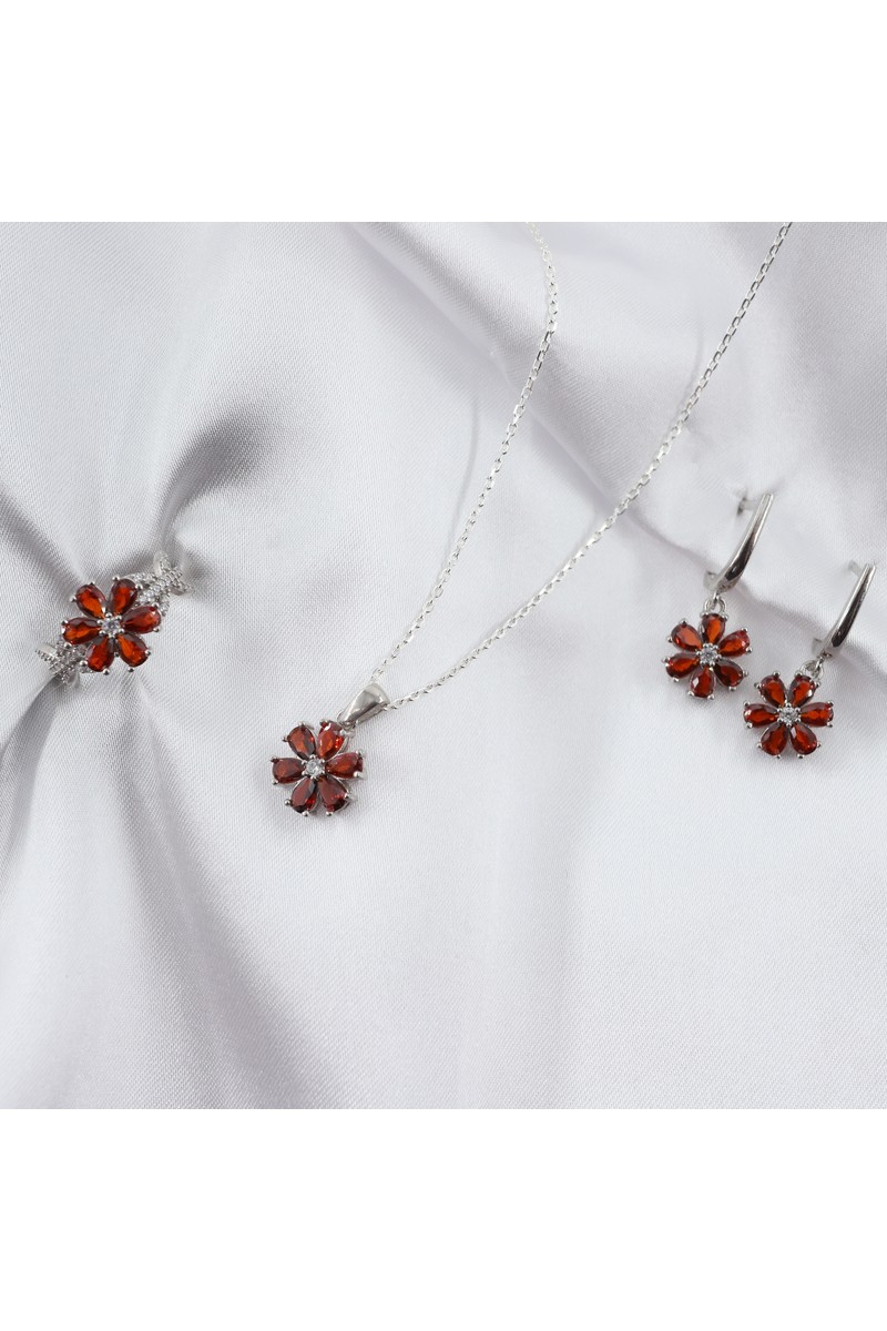 Gezer Kuyumculuk Lotus Çiçeği Gümüş Takı Seti, Kırmızı Takı Seti, Ruby Yüzük - Küpe - Kolye Set