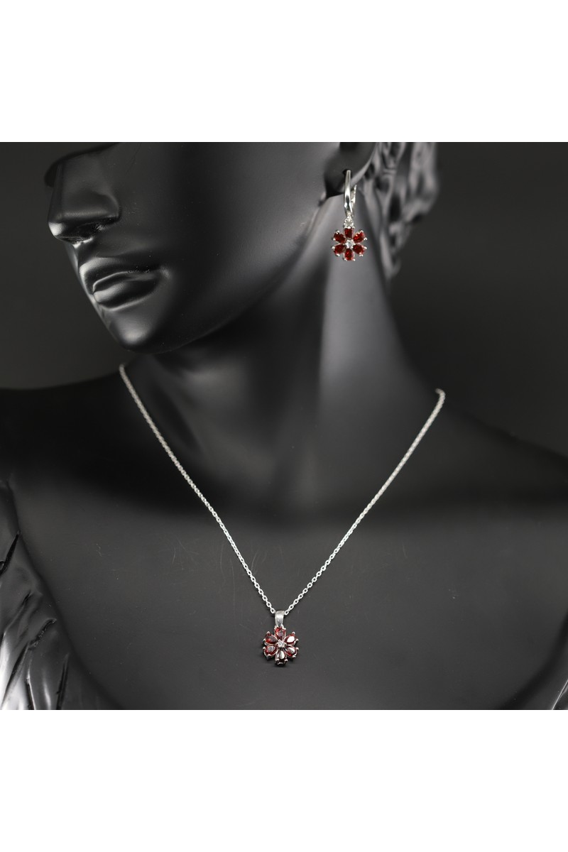 Gezer Gezer Kuyumculuk Lotus Çiçeği Gümüş Takı Seti, Kırmızı Takı Seti, Ruby Yüzük - Küpe - Kolye Set — 3. ürün görseli