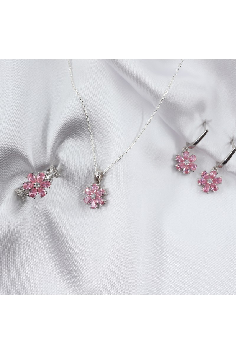 Gezer Kuyumculuk Lotus Çiçeği Gümüş Takı Seti, Pembe Takı Seti, Yüzük - Küpe - Kolye Set