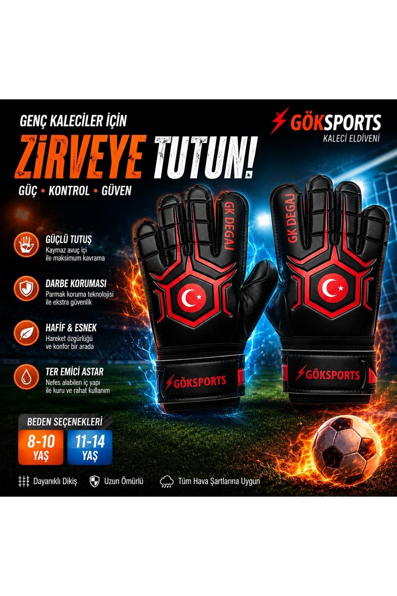 Gök Sports Gök Sports Türk Bayraklı Çocuk Kaleci Eldiveni Futbol Kaleci Eldiveni Bilek Bandajlı 8-10 — 4. ürün görseli