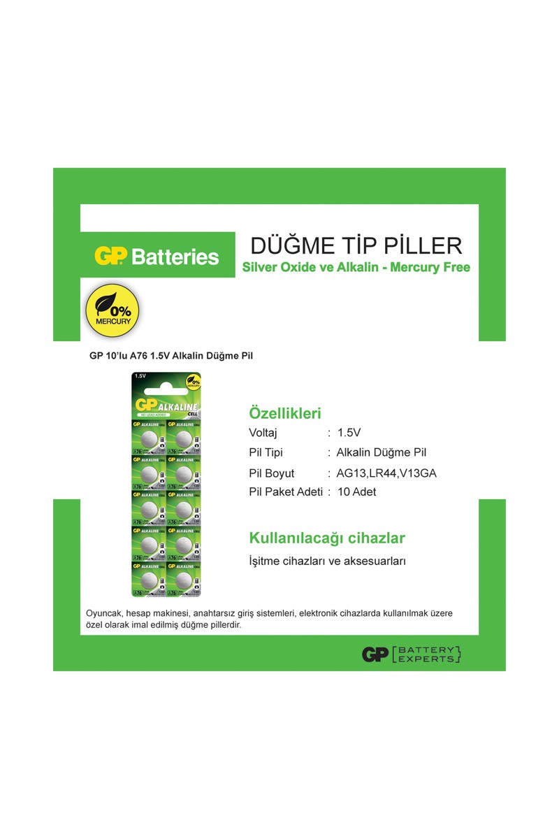 GP GP GPA76-2C10 LR44 AG13 Alkalin Düğme Pil 10'lu Paket — 3. ürün görseli