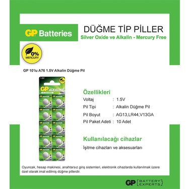GP GP GPA76-2C10 LR44 AG13 Alkalin Düğme Pil 10'lu — 3. ürün görseli
