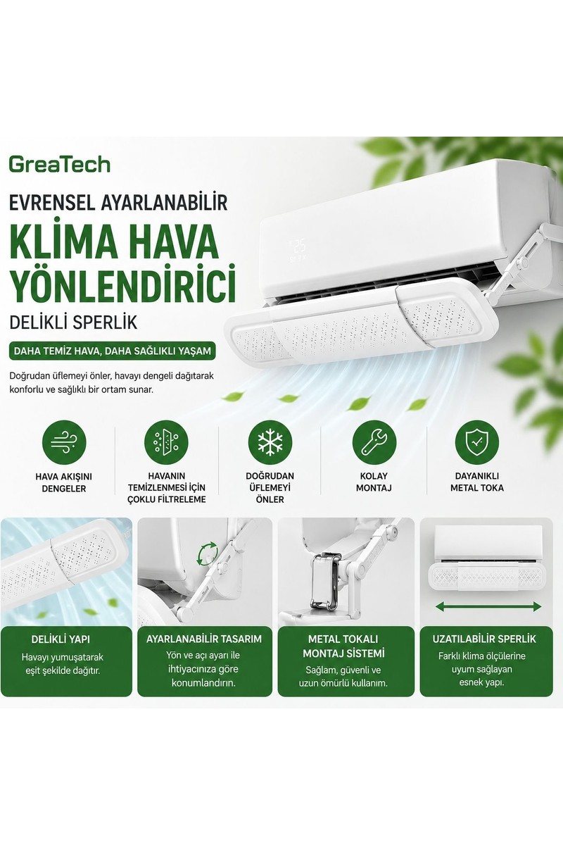 GreaTech Evrensel Ayarlanabilir Delikli Hava Yönlendirici Klima Aparatı Metal Tokalı Split Tipi Sperlik