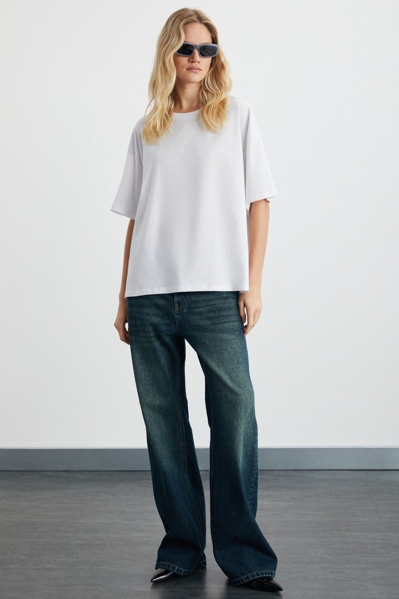Grimelange Grimelange Lagertha Kadın %100 Organik Pamuklu Kalın Dokulu Oversize Fit Yuvarlak Yakalı Beyaz T-shirt — 2. ürün görseli