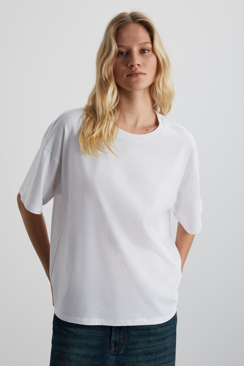 Grimelange Grimelange Lagertha Kadın %100 Organik Pamuklu Kalın Dokulu Oversize Fit Yuvarlak Yakalı Beyaz T-shirt — 3. ürün görseli