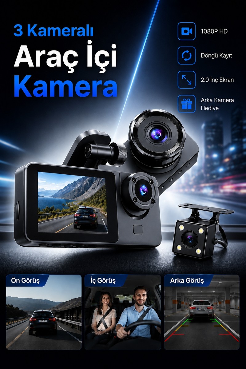 Harvox Araç Içi Hd Kamera 3 Kameralı Wifi Özellikli 1080P Full Hd Gece Görüşlü G-Sensör Dashcam