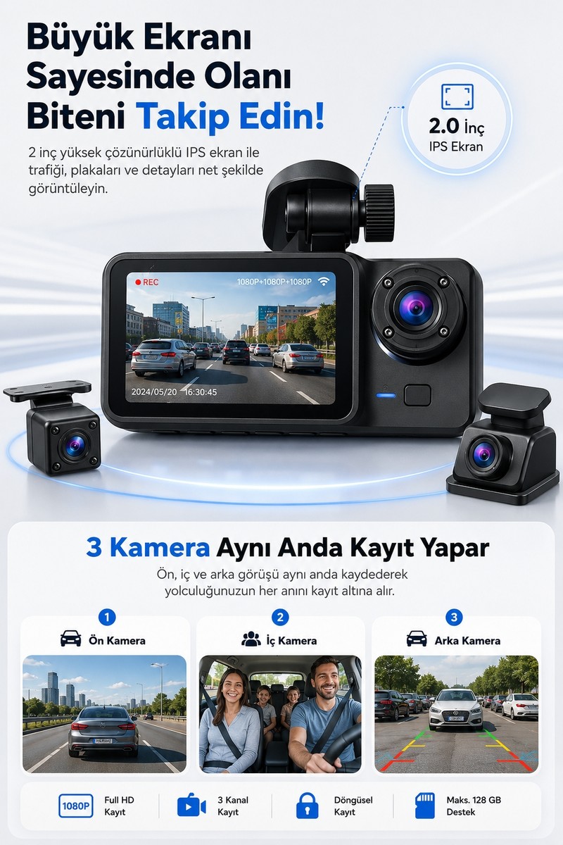 Harvox Harvox Araç Içi Hd Kamera 3 Kameralı Wifi Özellikli 1080P Full Hd Gece Görüşlü G-Sensör Dashcam — 2. ürün görseli