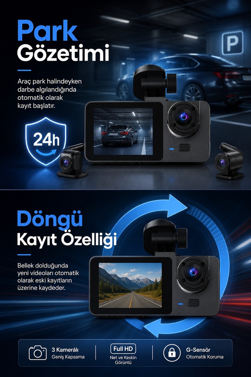 Harvox Harvox Araç Içi Hd Kamera 3 Kameralı Wifi Özellikli 1080P Full Hd Gece Görüşlü G-Sensör Dashcam — 3. ürün görseli