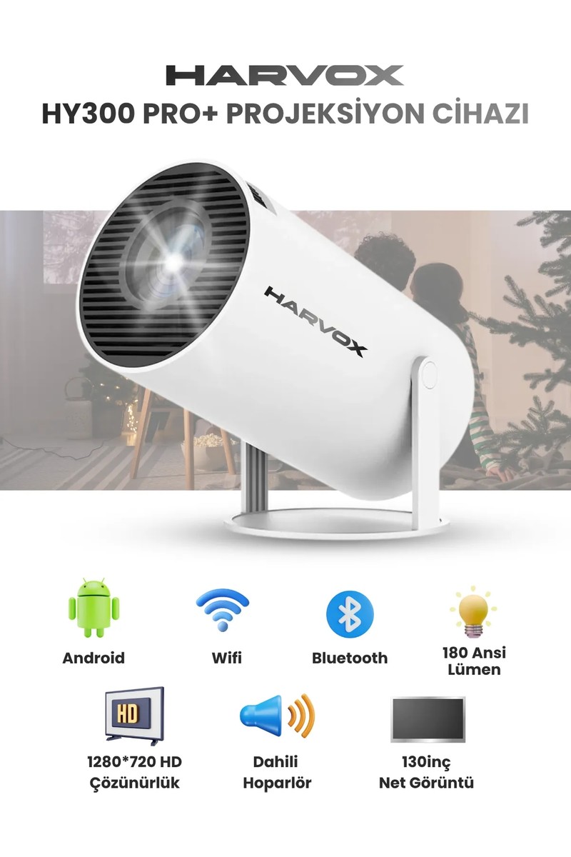 Harvox HY300 Pro+ Projeksiyon Cihazı Taşınabilir Android 13 Sistemli Wifi HDMI USB Destekli Projektör Ultra HD Mini Sinema