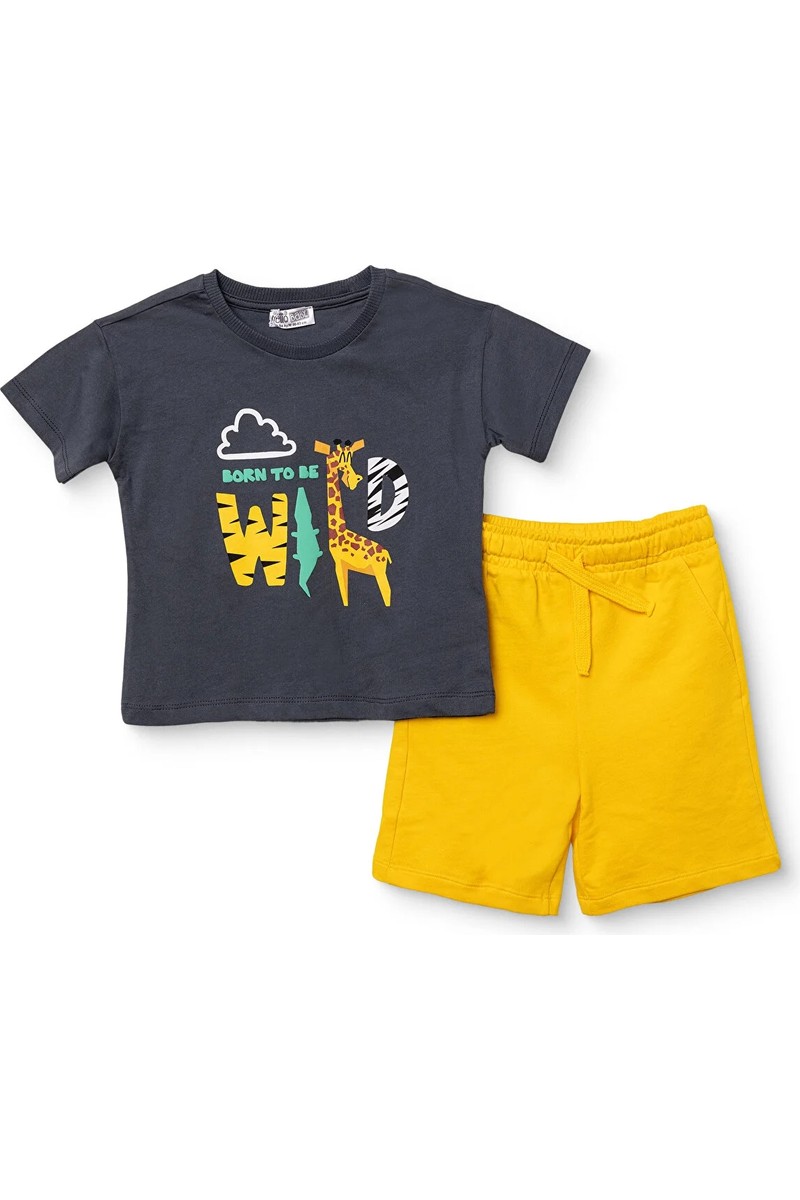 HelloBaby Erkek Bebek Tişört-Şort Slogan Baskılı Bağcıklı Bisiklet Yaka Short Sleeve Reçme