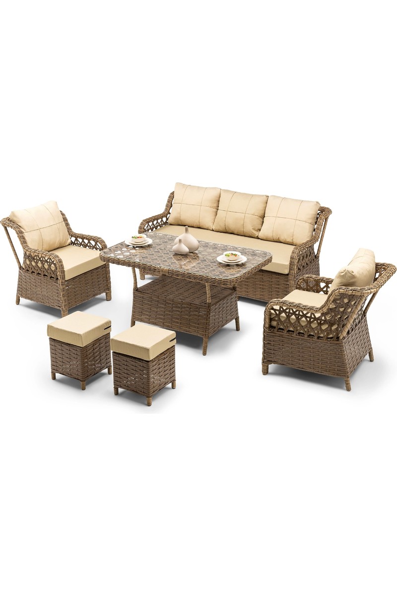 Hier Zen Rattan Puflu Bahçe Balkon Mobilyası 3+1+1 Kahverengi 7 Kişilik Premium Bahçe Takımı Balkon Mobilyası