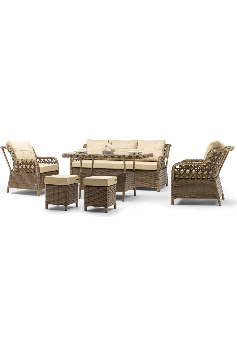 Hier Hier Zen Rattan Puflu Bahçe Balkon Mobilyası 3+1+1 Kahverengi 7 Kişilik Premium Bahçe Takımı Balkon Mobilyası — 2. ürün görseli