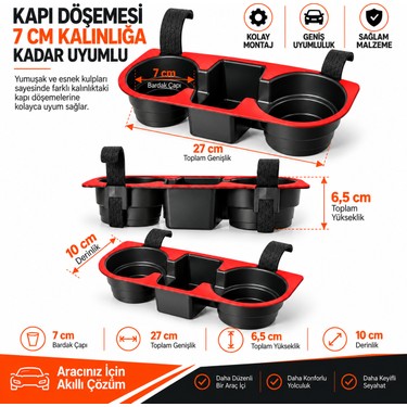 HR Plastik HR Plastik HR PLAST araç içi oto bardaklık ve bardak içecek telefon tutucu organizer (KIRMIZI RENK) — 3. ürün görseli