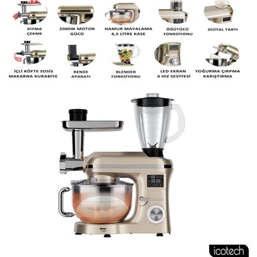Icotech Icotech SM50 Gold LED Ekranlı 2000W Hamur Mayalama Kıyma Çekme Blender 6,5 Litre Kapasiteli Mutfak fiyatı ve görseli