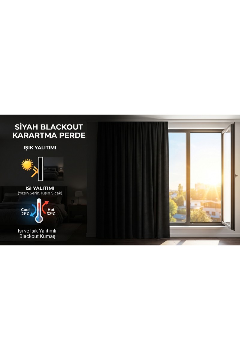 Ilmera Home Ilmera Home Blackout Işık Geçirmez Dikili Halde Fon Perde Siyah Pilesiz+Bağlama Kuşağı ve Yıkama — 5. ürün görseli