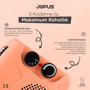 Jopus Jopus 2000W Elektrikli Fanlı Isıtıcı, Termostatlı, Sıcak-Soğuk Hızlı Isıtma, 25 m² Alan Kapasitesi — 2. ürün görseli