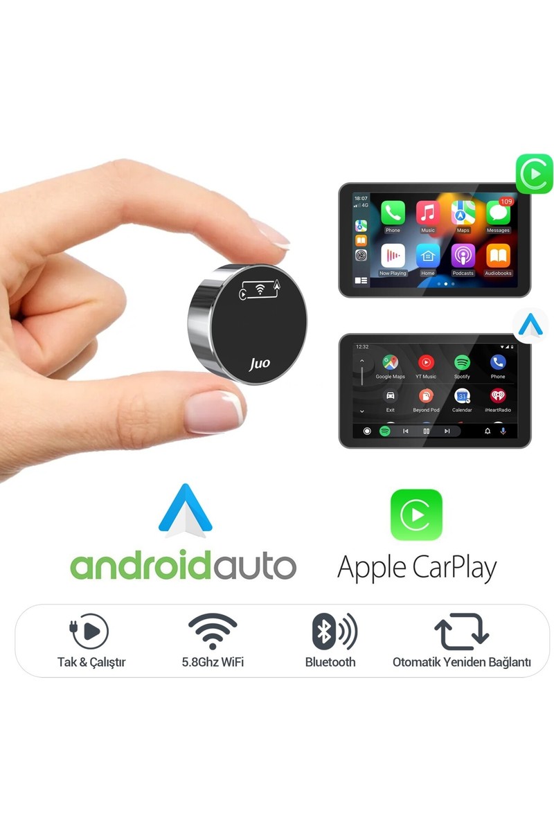Juo Kablosuz Carplay Android Auto Kabloludan Kablosuza Çevirici USB ve Type-C Adaptör
