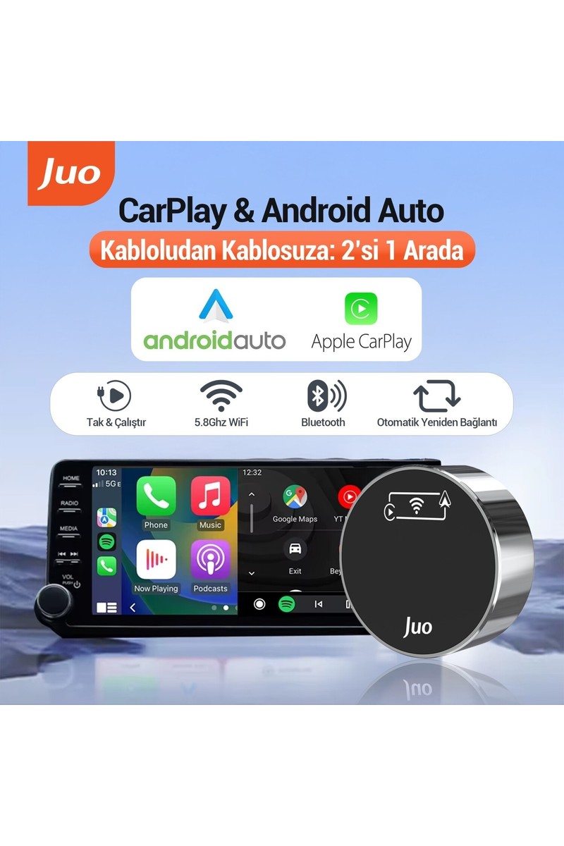 Juo Juo Kablosuz Carplay Android Auto Kabloludan Kablosuza Çevirici USB ve Type-C Adaptör — 2. ürün görseli