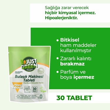 Just Green Organic Just Green Organic Bitkisel Bulaşık Makinesi Tableti - %100 Bitkisel - Doğal Ve Güçlü Temizlik (30 fiyatı ve görseli