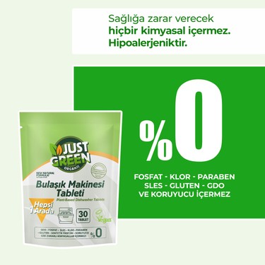 Just Green Organic Just Green Organic Bitkisel Bulaşık Makinesi Tableti - %100 Bitkisel - Doğal Ve Güçlü Temizlik (30 — 2. ürün görseli