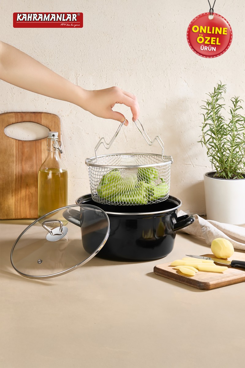 Kahramanlar Cips Chef 22 cm Emaye Kızartma Tenceresi Kolay Temizlik Sağlayan Siyah Cam Kapaklı