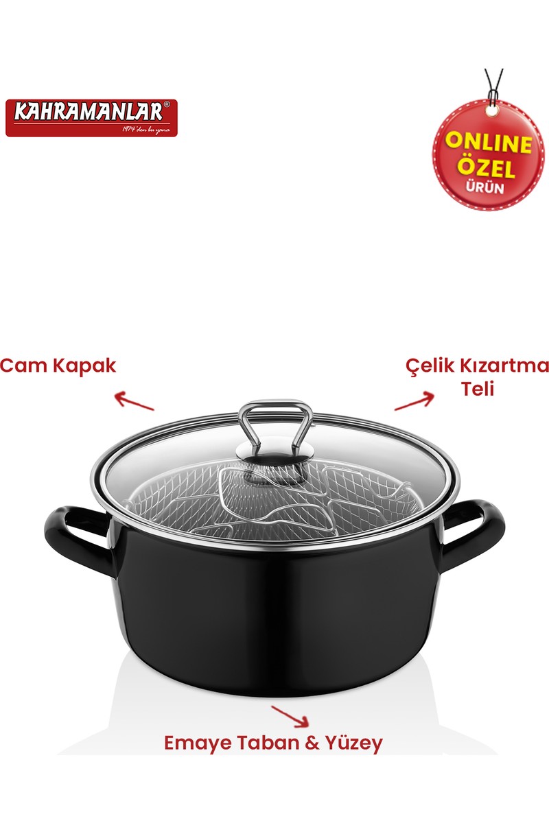 Kahramanlar Kahramanlar Cips Chef 22 cm Emaye Kızartma Tenceresi Kolay Temizlik Sağlayan Siyah Cam Kapaklı — 3. ürün görseli