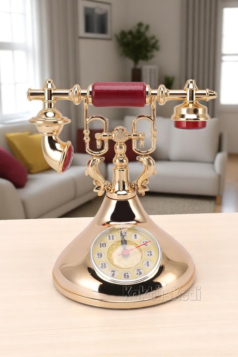 KaktüsKedi Vintage Telefon Model Nostaljik Dekoratif Masa Saati Gold - Şık Analog Çalar Saat Türkiye Menşeli