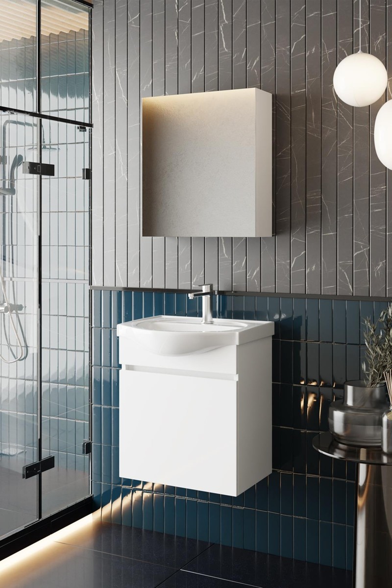Karen Banyo Fulya 50 cm Mdf Lavabolu Aynalı Banyo Dolabı Seti Seramik Lavabo Dahil Beyaz Mdf