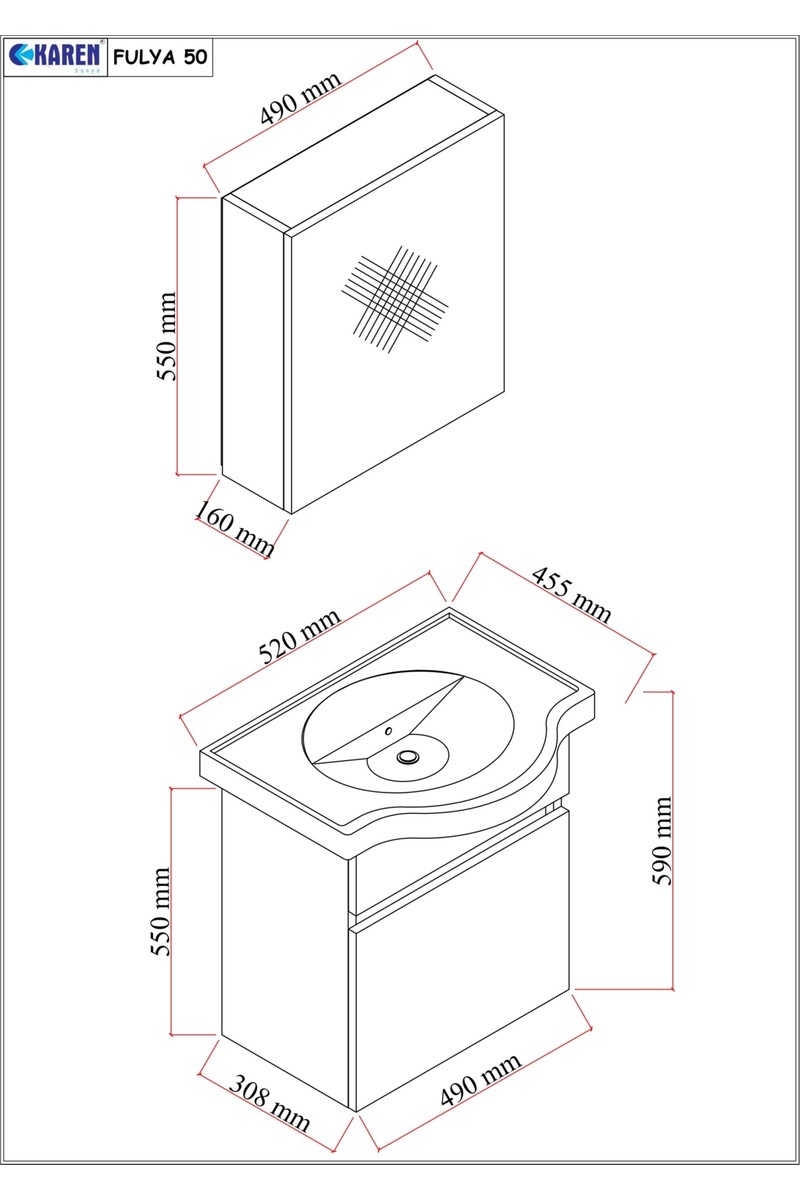 Karen Karen Banyo Fulya 50 cm Mdf Lavabolu Aynalı Banyo Dolabı Seti Seramik Lavabo Dahil Beyaz Mdf — 3. ürün görseli