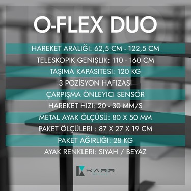 Karr Office Karr Office O-Flex Duo Çift Motorlu Elektrikli Yükseklik Ayarlı Masa - 120x60 - Antrasit - — 4. ürün görseli