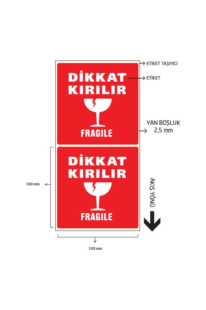 King Label Dikkat Kırılır Etiket 1 Rulo 500 Adet 100X100 mm