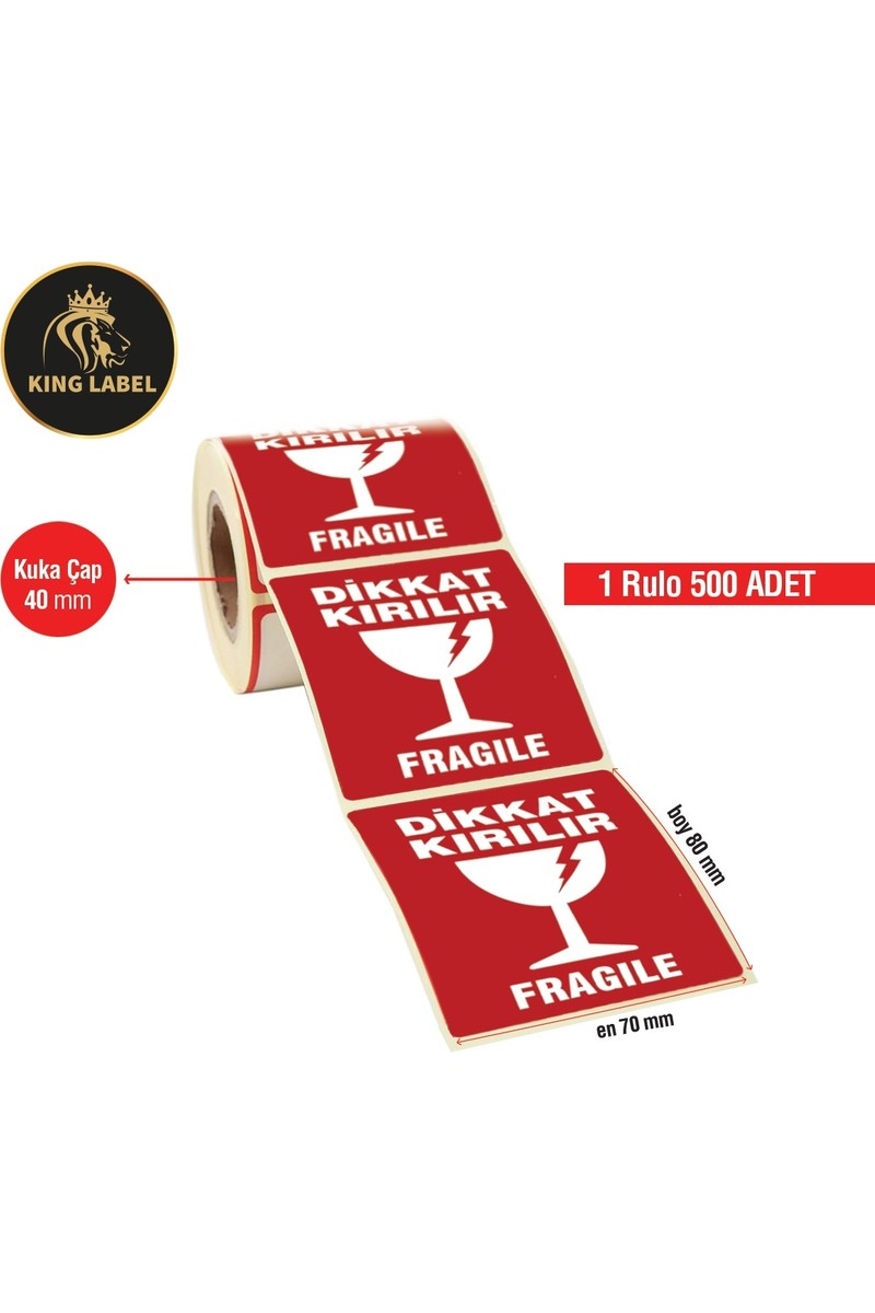 King Label Dikkat Kırılır Etiket 1 Rulo 500 Adet 70x80 mm