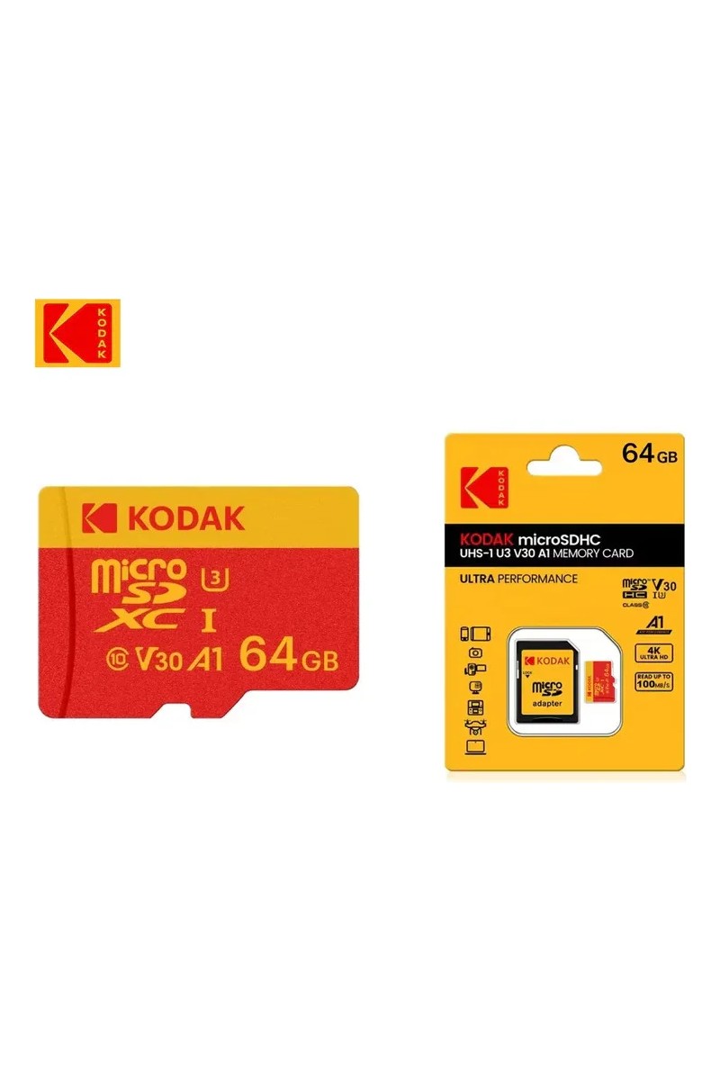 Kodak 64GB UHS-I U3 V30 A1 Micro SD Hafıza Kartı + Adaptör Yüksek Okuma Yazma Hızı