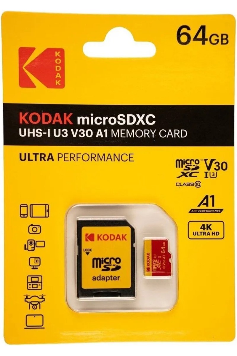 Kodak Kodak 64GB UHS-I U3 V30 A1 Micro SD Hafıza Kartı + Adaptör Yüksek Okuma Yazma Hızı — 2. ürün görseli