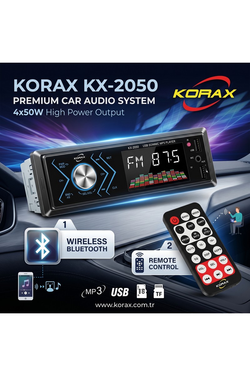 Korax Korax KX-2050 Spektrum Ekranlı Bluetooth Oto Teyp · Mosfet 4X50W Ses Çıkışı · Single-Dın Mp3 — 6. ürün görseli
