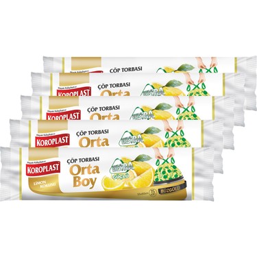 Koroplast Koroplast Ekstra Güçlü Orta Boy Limon Kokulu Büzgülü Çöp Torbası 55X60CM - 15'li x 5 Adet fiyatı ve görseli