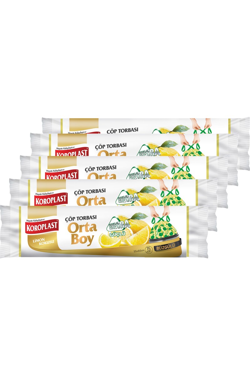 Koroplast Koroplast Ekstra Güçlü Orta Boy Limon Kokulu Büzgülü Çöp Torbası 55X60CM - 15'li x 5 Adet — 2. ürün görseli