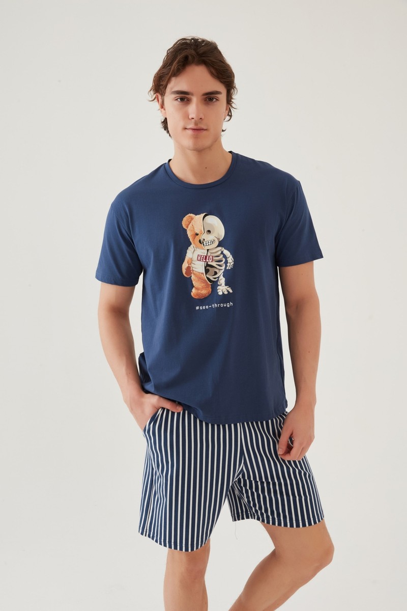 Koza İç Giyim Erkek Pamuklu Mavi Baskılı Cepli Şort Pijama Takımı