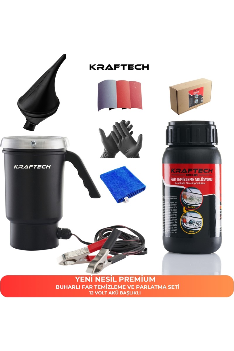 Kraftech Yeni Nesil Premium I Buharlı Araba Far Temizleme Ve Parlatma Seti I 12 V Akü Bağlantılı Uyumlu