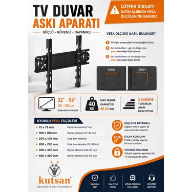 Kutsan Kutsan Lg Uyumlu 37" - 55'' 94 - 140 Ekran Led ve Lcd Tv Sabit Duvar Askı Aparatı + Su — 2. ürün görseli