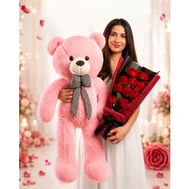 Lenostra Lenostra Sevgiliye Romantik Hediye 90cm Pembe Ayıcık ve Kadife Gül Buketi 14 Şubat Sevgililer Günü fiyatı ve görseli