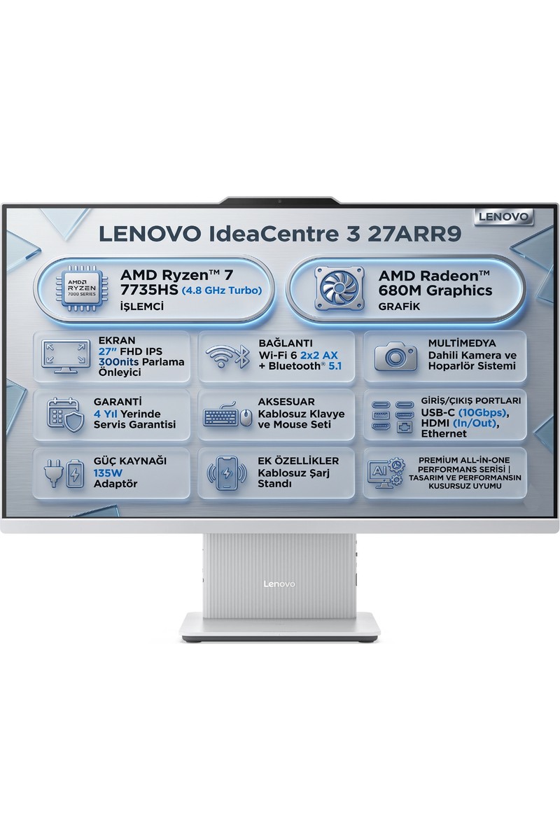 Lenovo Lenovo Ideacentre 3 27ARR9 Amd Ryzen 7 7735HS 8gb 512GB SSD 27" Fhd Freedos All In One Pc — 5. ürün görseli
