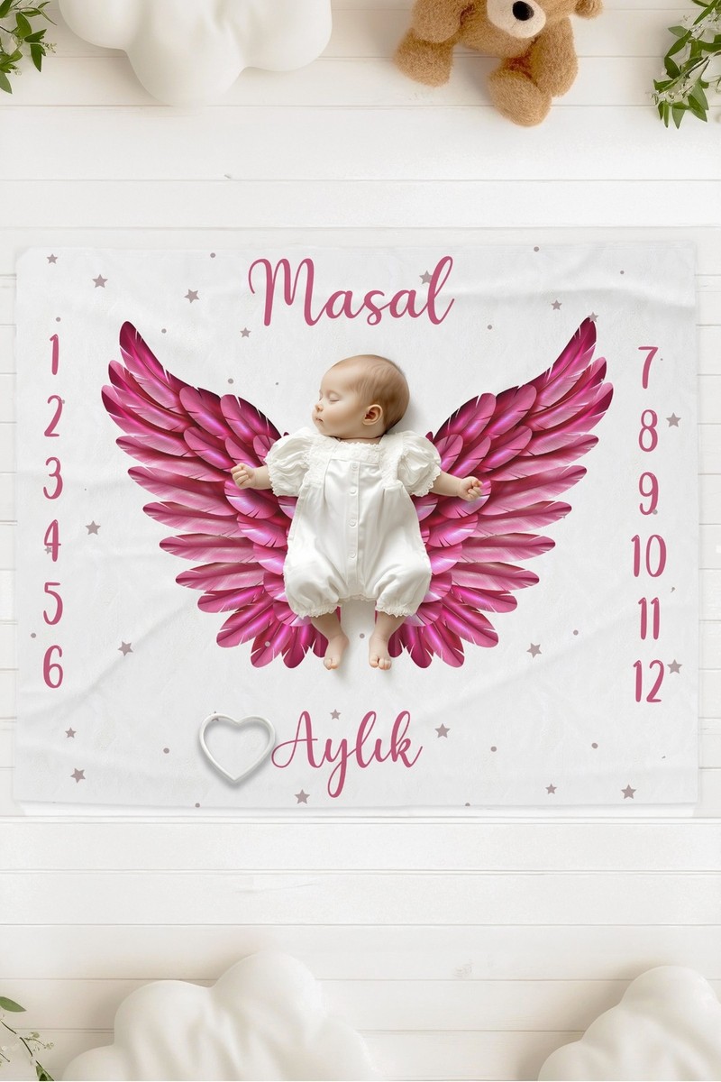 Lilabio %100 Pamuk Isme Özel Bebek Fotoğraf Çekim Anı Örtüsü (120X100 Cm) Pembe Kanat