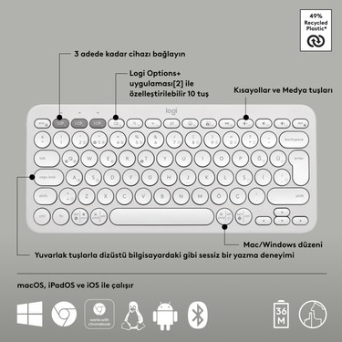 Logitech Logitech K380s Pebble Keys 2 Çoklu Cihaz Özellikli Bluetooth Türkçe Q Klavye - — 6. ürün görseli