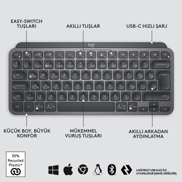 Logitech Logitech MX Keys Mini Minimalist Kablosuz Bluetooth Aydınlatmalı Türkçe Q Klavye - — 6. ürün görseli