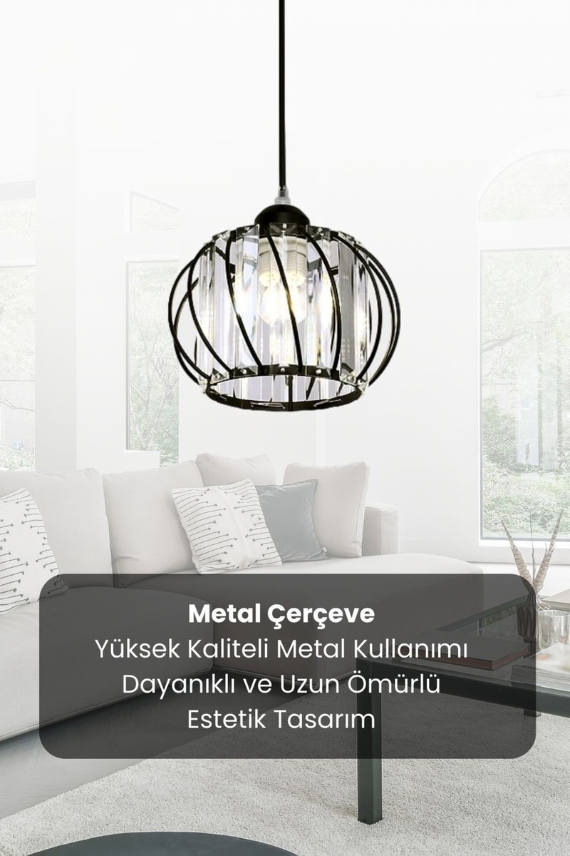 Luna Luna Lighting Quattro Model Siyah Renk Kaplama Metal Kristal Taşlı Salon Oturma Odası Tavan Sarkıt Avize — 3. ürün görseli