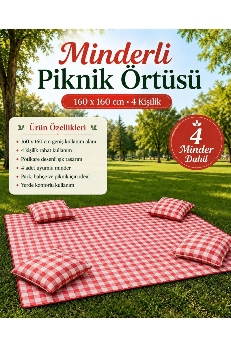 Magic Lady Kırmızı Potikare Piknik Seti Minderli Piknik Ortüsü 160X160 Minderleri 40X40